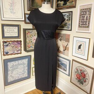 80s Vintage Ms Choice Black Cap Sleeve Scoop Neck Maxi Dress with Satin Waist 10